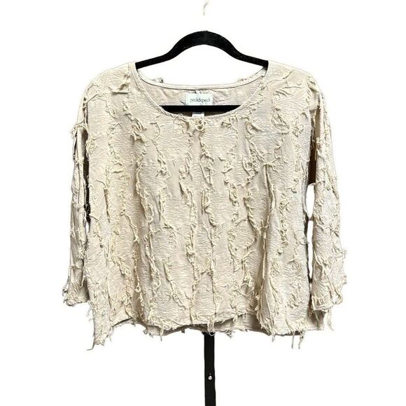 Peck & Peck Women’s Linen Blend Tan Fringe Quarter Sleeve Top Size Medium - Picture 1 of 5